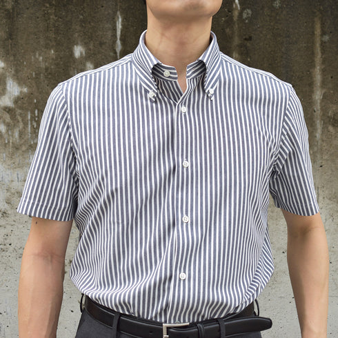 【日本製】 ワイシャツ メンズ 半袖 ビジネス 形態安定 速乾 ノーアイロン ストライプシャツ ボタンダウン ネイビー(SHKN24-063-na)